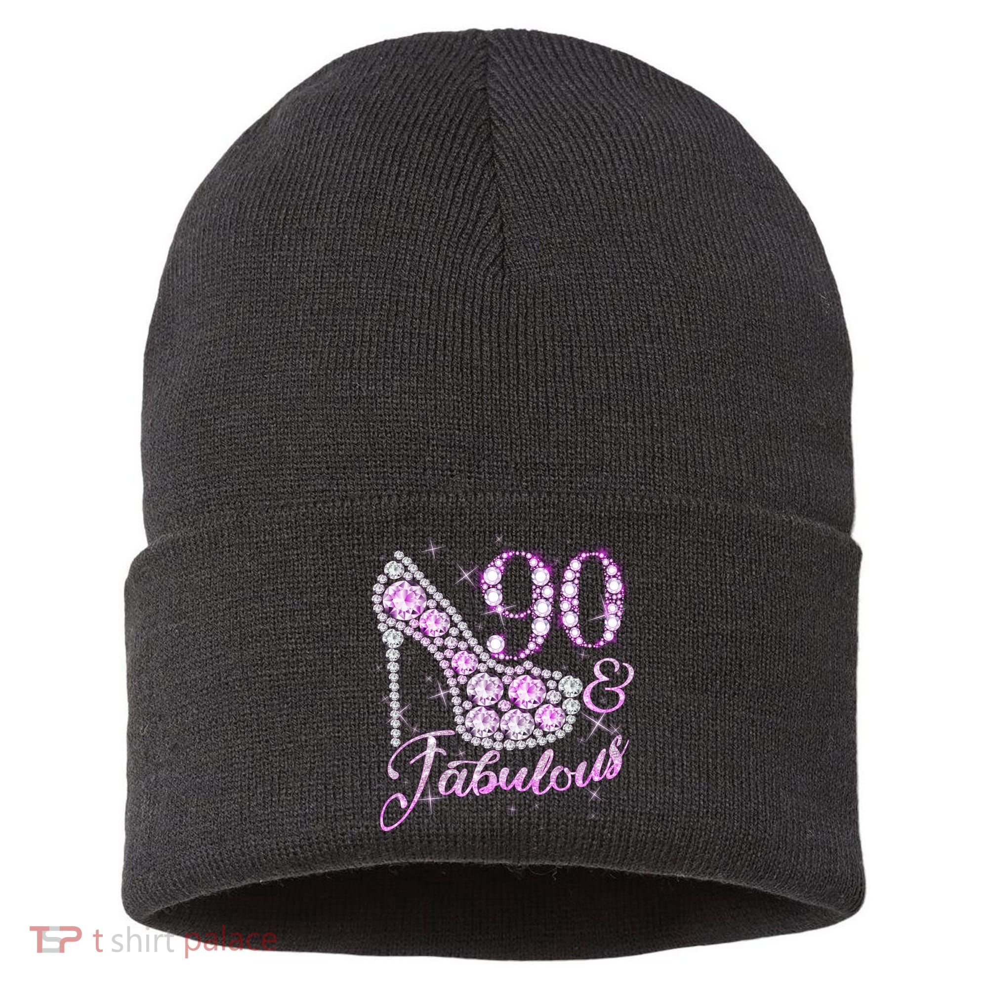 Fabulous & 90 Sparkly Shiny Heel 90th Birthday Sustainable Knit Beanie