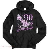 Fabulous & 90 Sparkly Shiny Heel 90th Birthday Tie Dye Hoodie thumb 0