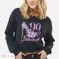 Fabulous & 90 Sparkly Shiny Heel 90th Birthday Cropped Pullover Crew thumb 2
