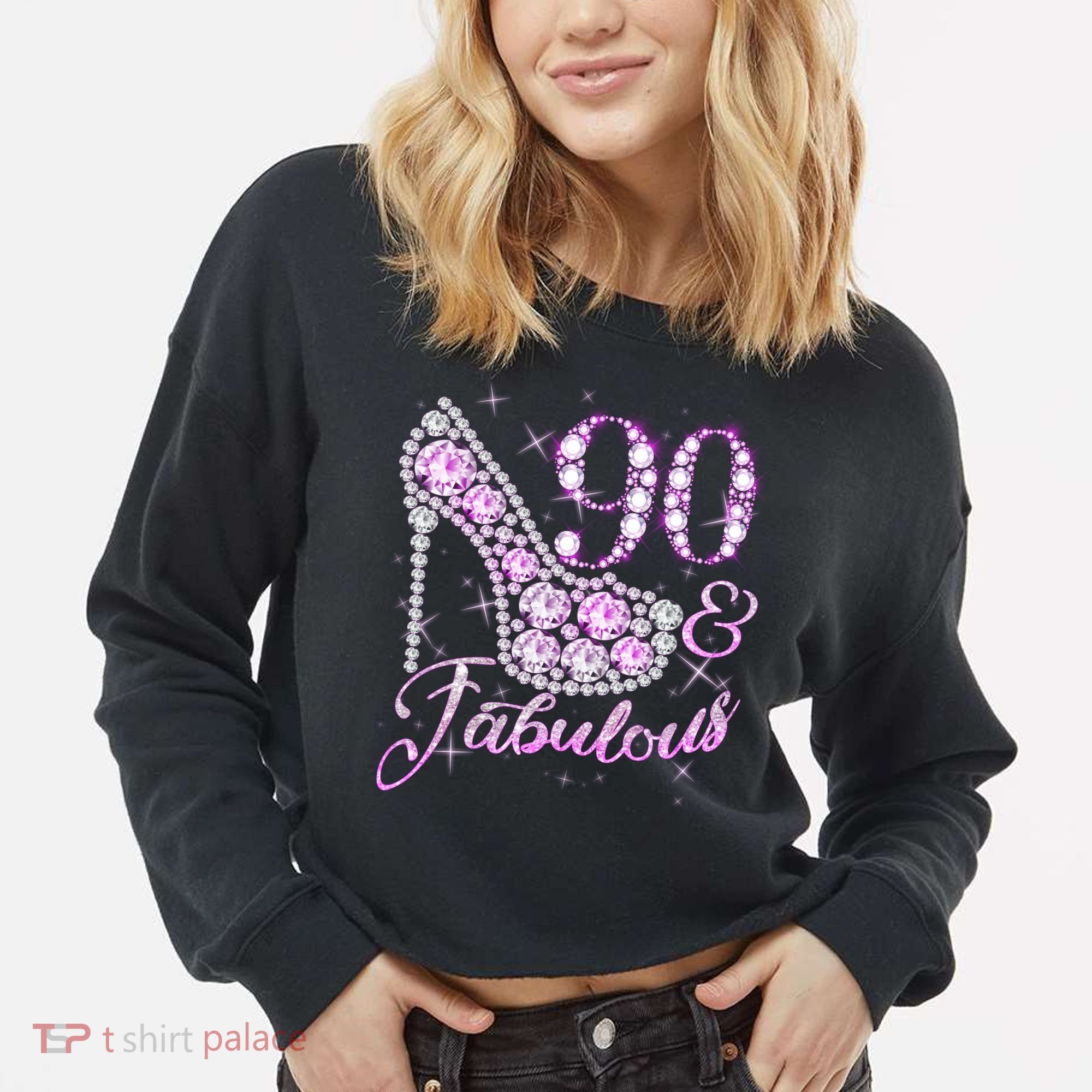 Fabulous & 90 Sparkly Shiny Heel 90th Birthday Cropped Pullover Crew
