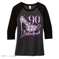 Fabulous & 90 Sparkly Shiny Heel 90th Birthday Women's Tri-Blend 3/4-Sleeve Raglan Shirt thumb 0