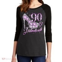 Fabulous & 90 Sparkly Shiny Heel 90th Birthday Women's Tri-Blend 3/4-Sleeve Raglan Shirt thumb 2
