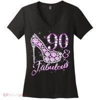 Fabulous & 90 Sparkly Shiny Heel 90th Birthday Women's V-Neck T-Shirt thumb 0