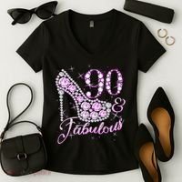Fabulous & 90 Sparkly Shiny Heel 90th Birthday Women's V-Neck T-Shirt thumb 2