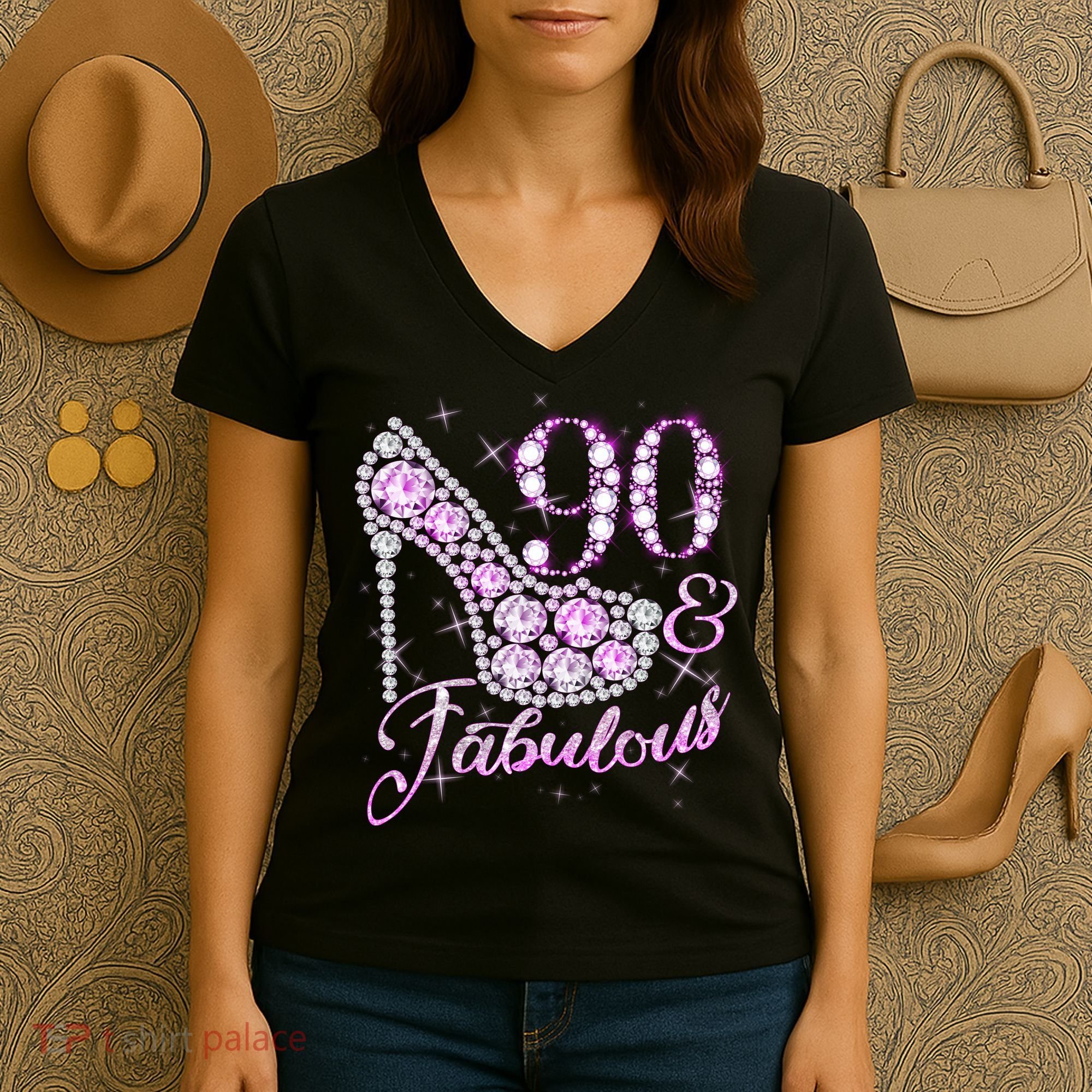 Fabulous & 90 Sparkly Shiny Heel 90th Birthday Women's V-Neck T-Shirt