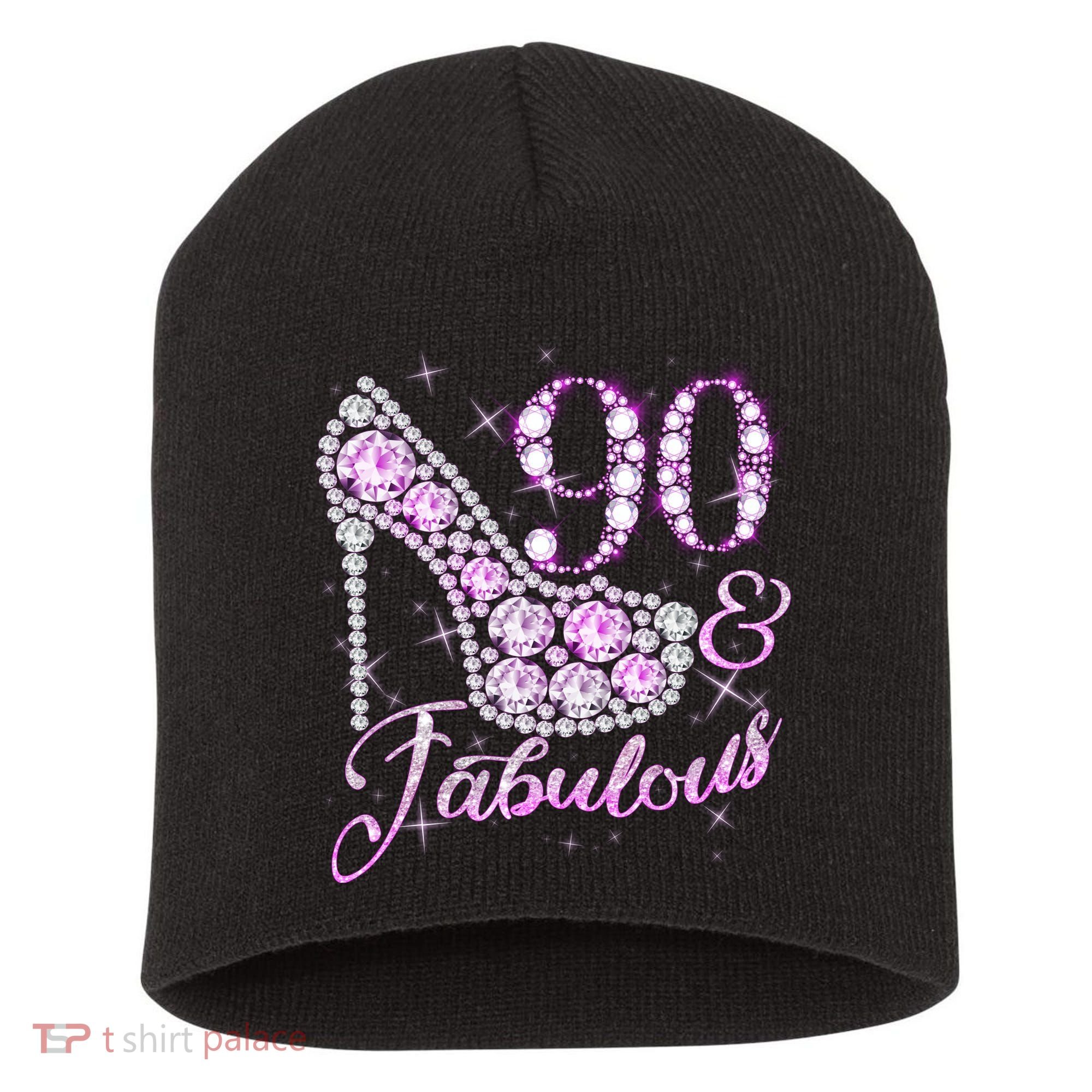 Fabulous & 90 Sparkly Shiny Heel 90th Birthday Short Acrylic Beanie