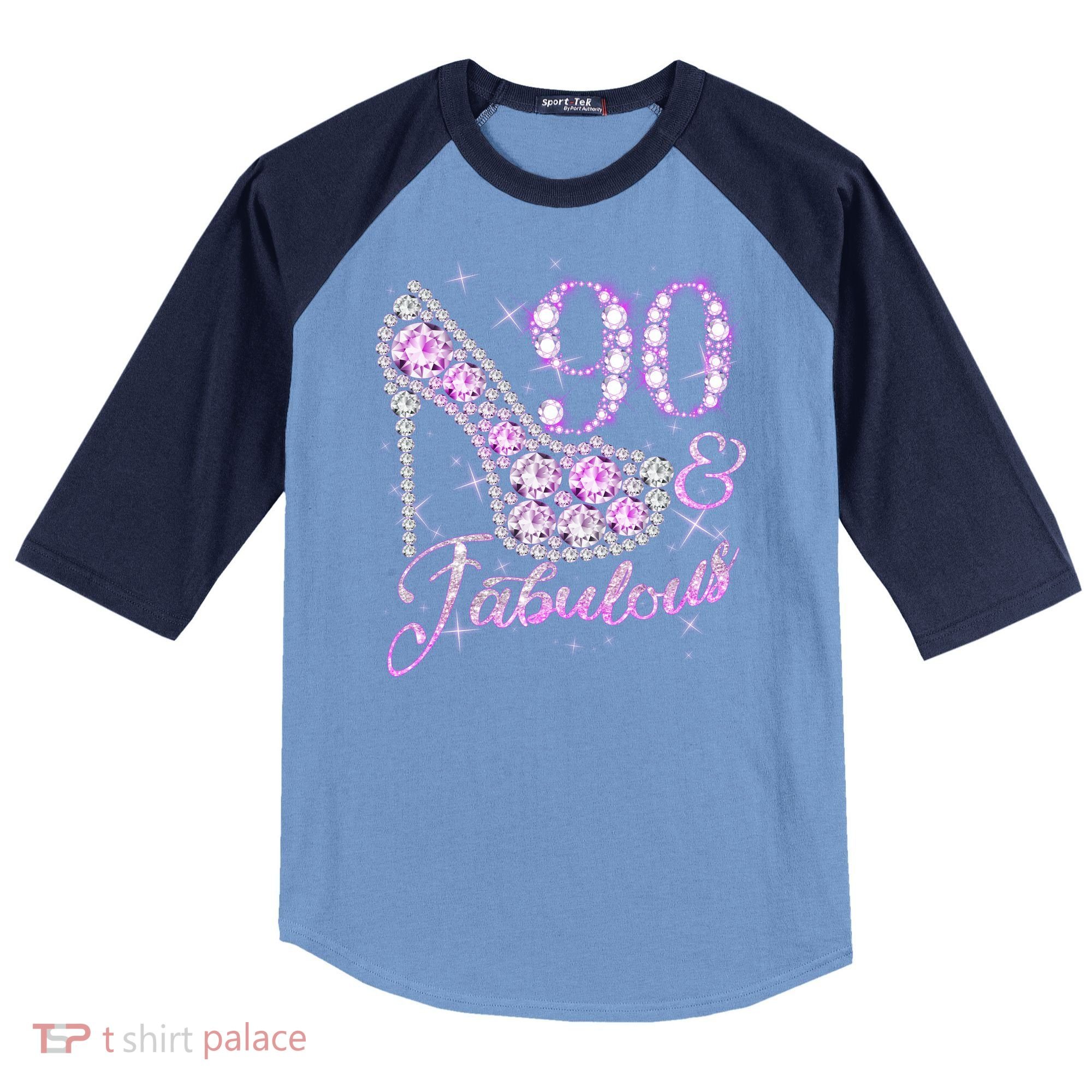 Fabulous & 90 Sparkly Shiny Heel 90th Birthday Raglan Baseball Sleeve Shirt