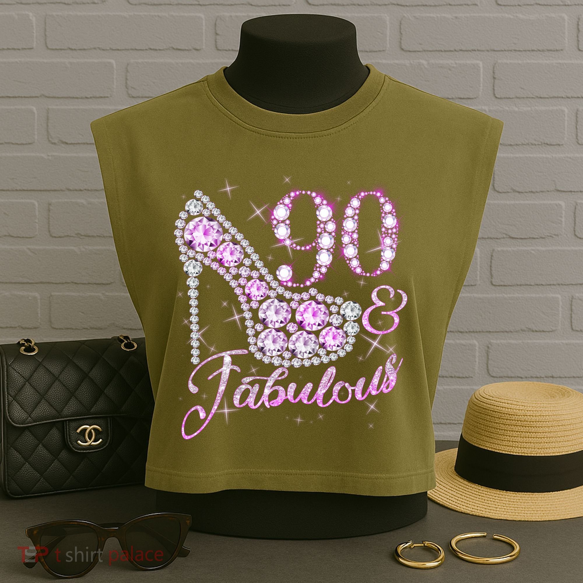 Fabulous & 90 Sparkly Shiny Heel 90th Birthday Garment-Dyed Women's Muscle Tee