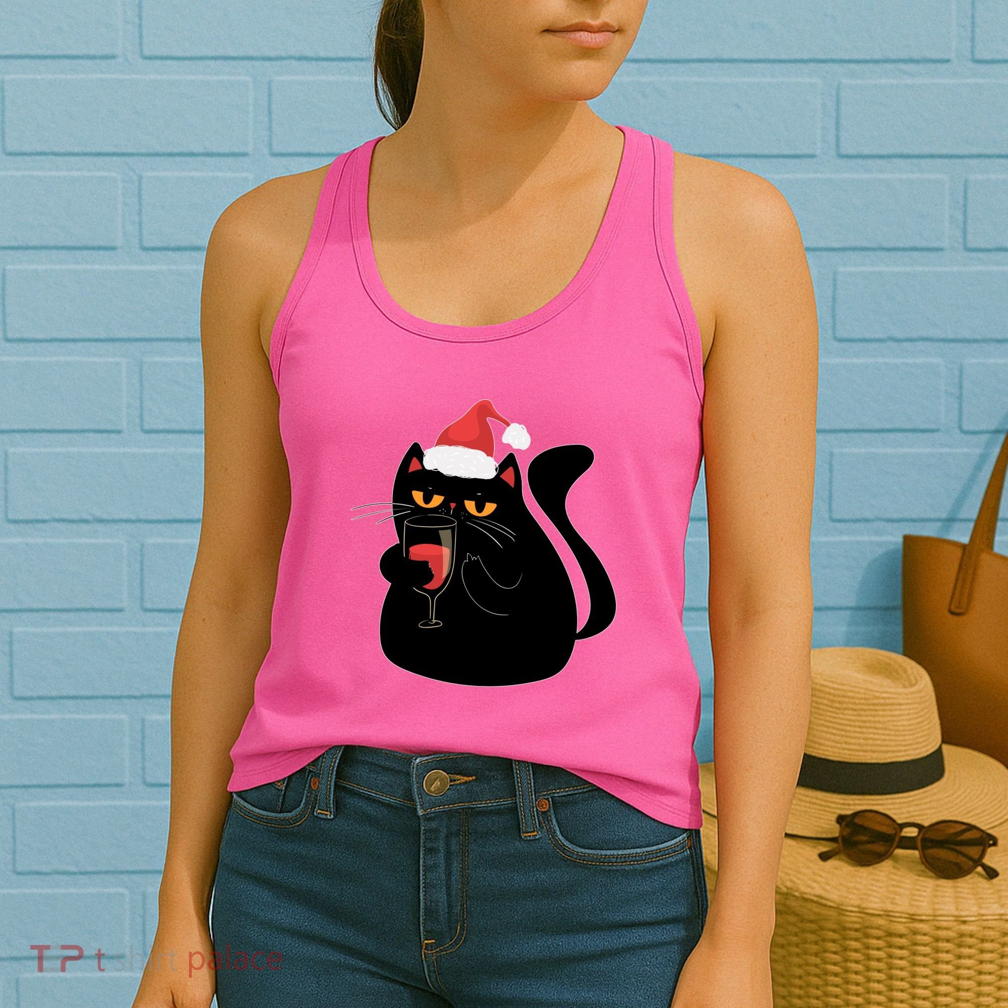 Funny Anti Christmas Drinking Grumpy Cat Flipping Bird Women's Tank Top