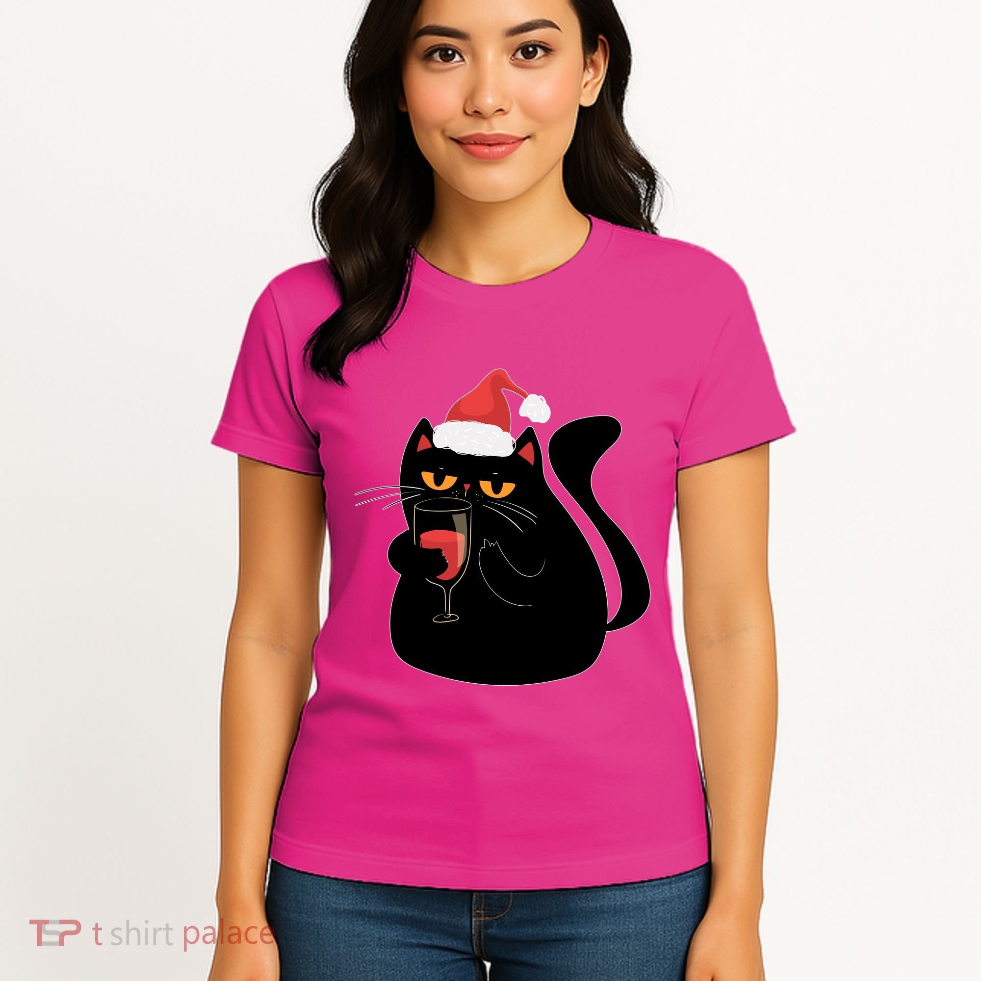 Funny Anti Christmas Drinking Grumpy Cat Flipping Bird Women's T-Shirt