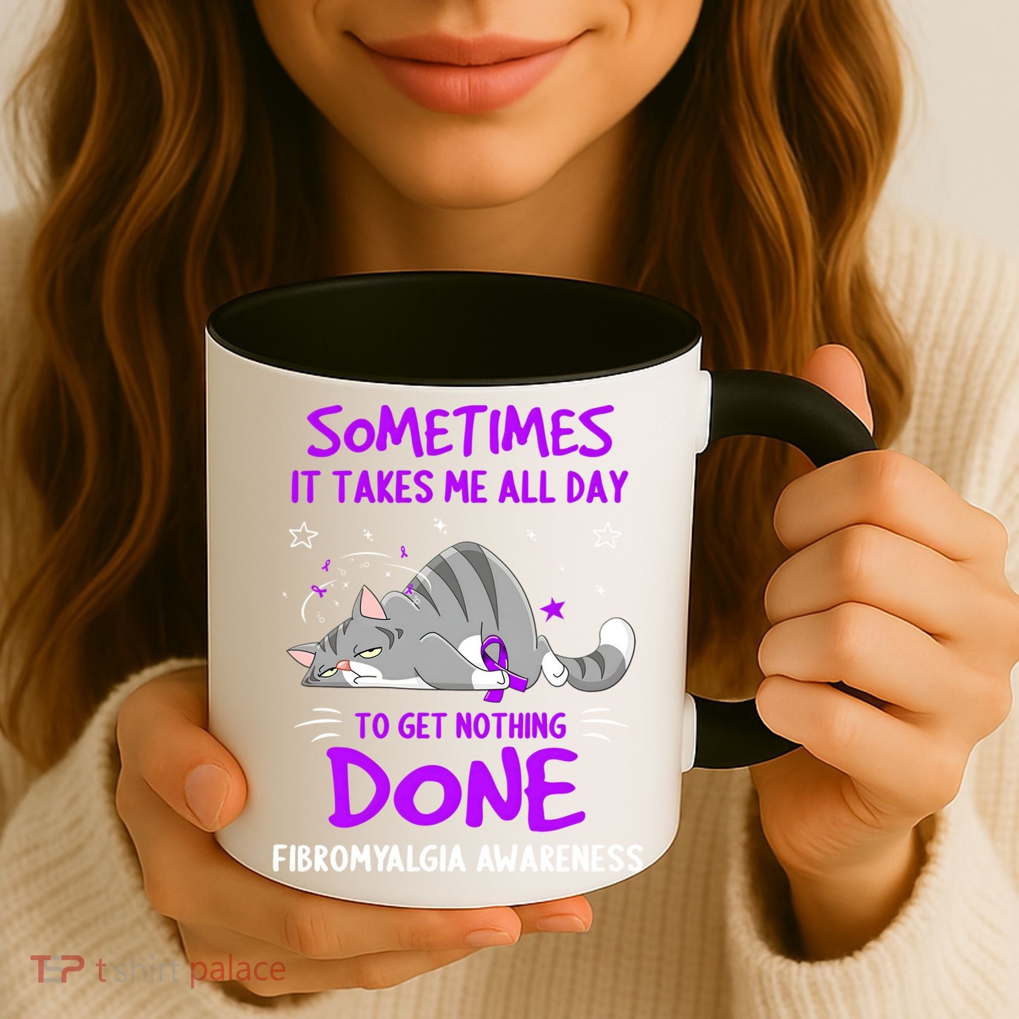 Fibromyalgia Awareness Cat Ribbon Gift Coffee Mug