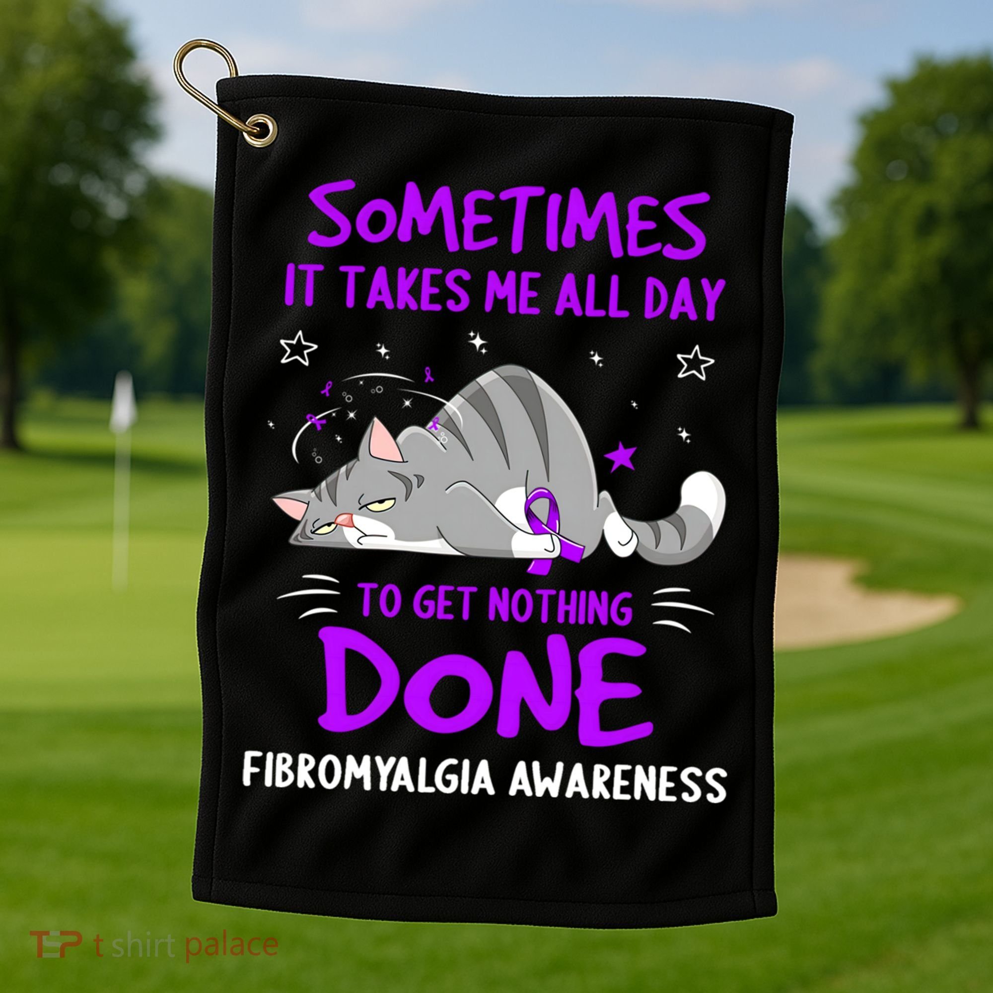 Fibromyalgia Awareness Cat Ribbon Gift Golf Towel