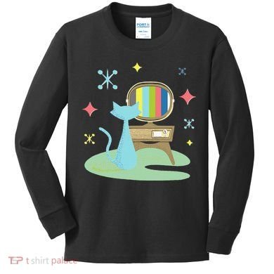 Funny Atomic Cat Watching Retro Television With Vintage Vib Kids Long Sleeve Shirt