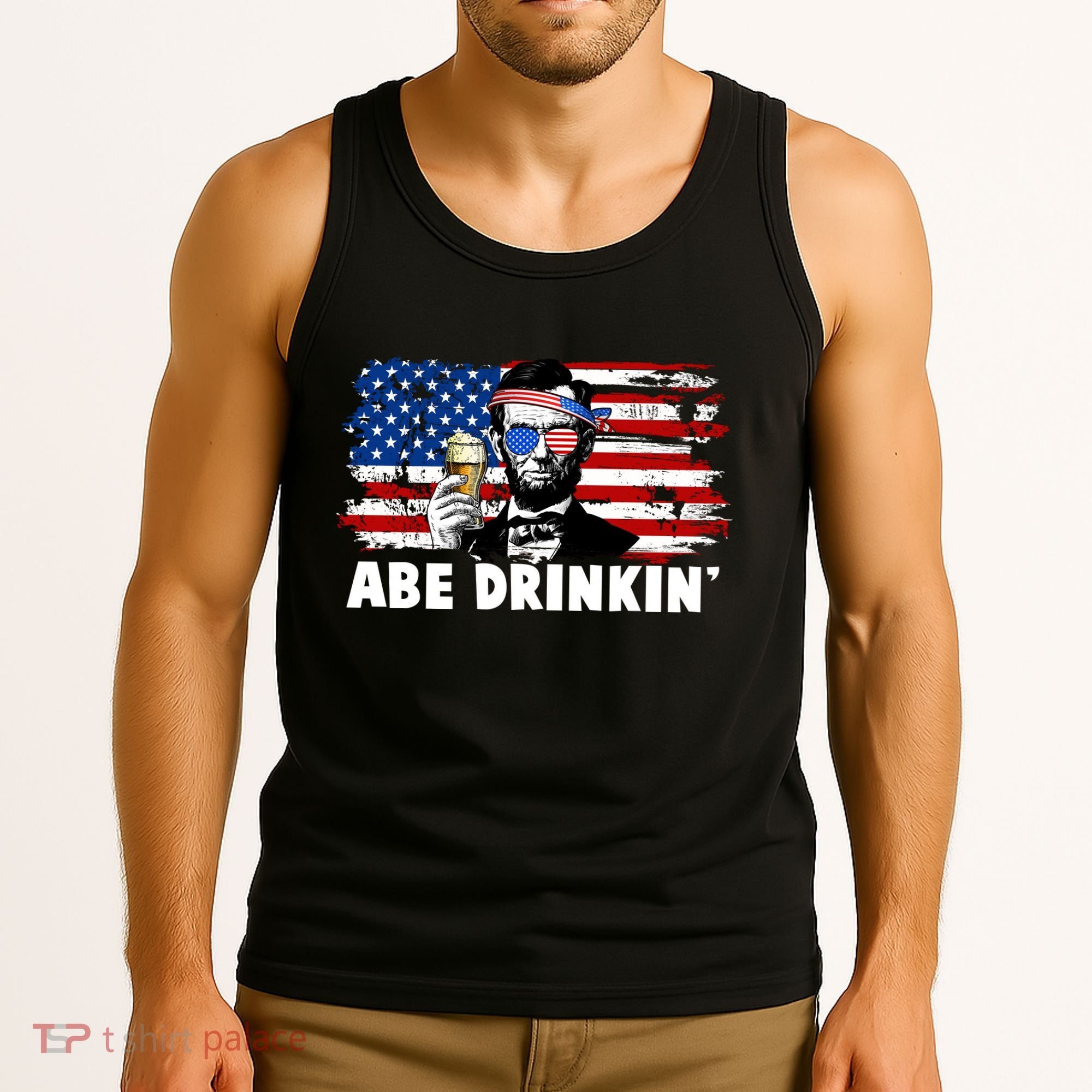 Funny Abe Drinkin USA American Flag Tank Top