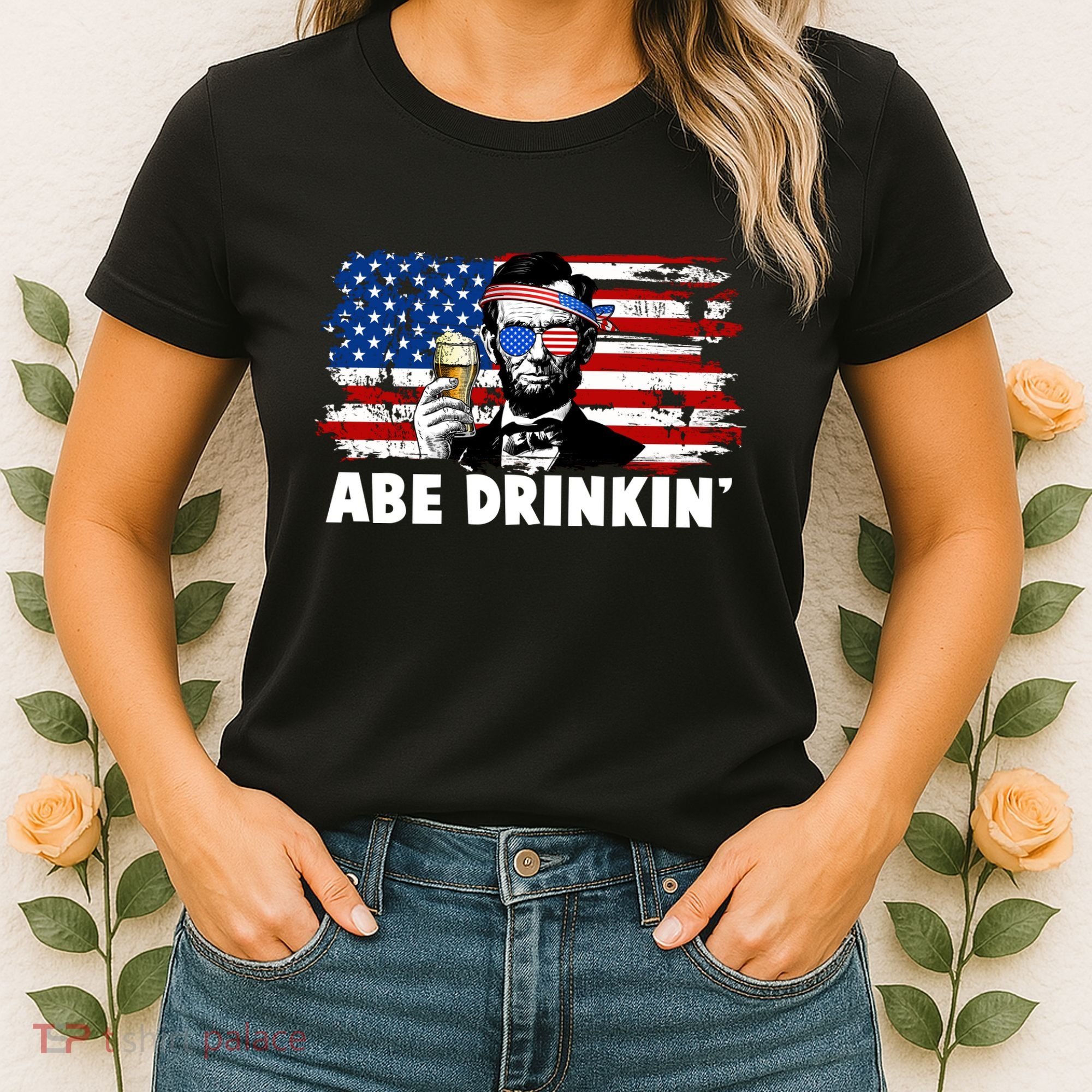 Funny Abe Drinkin USA American Flag Women's T-Shirt