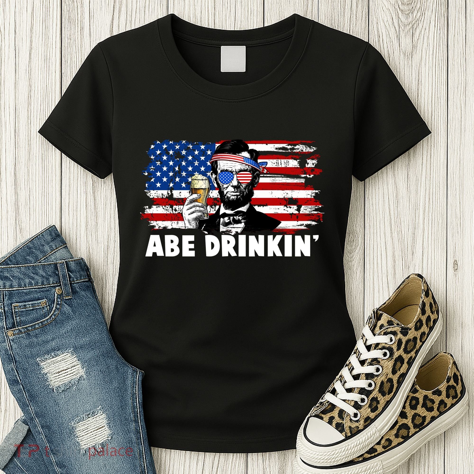 Funny Abe Drinkin USA American Flag Women's T-Shirt