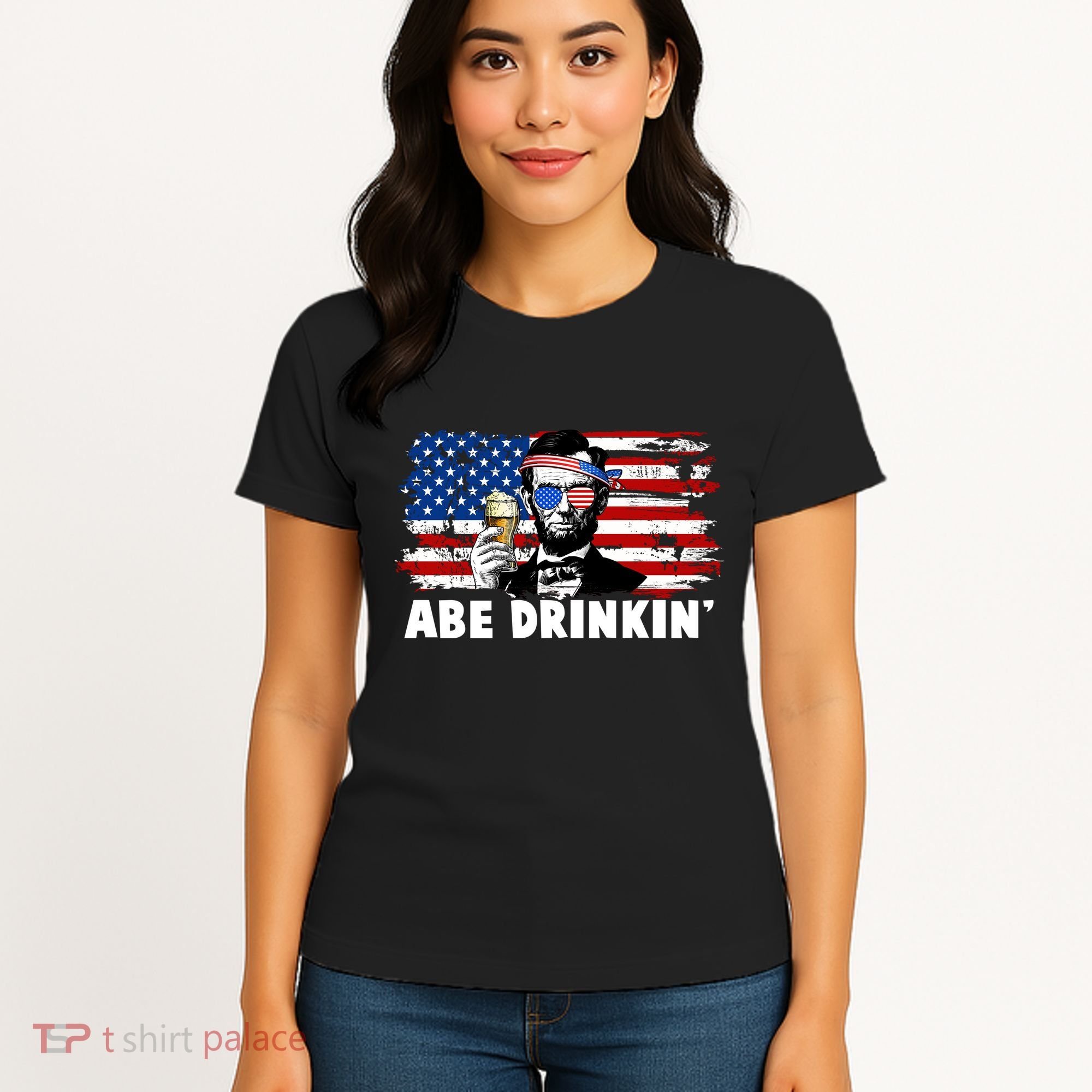 Funny Abe Drinkin USA American Flag Women's T-Shirt