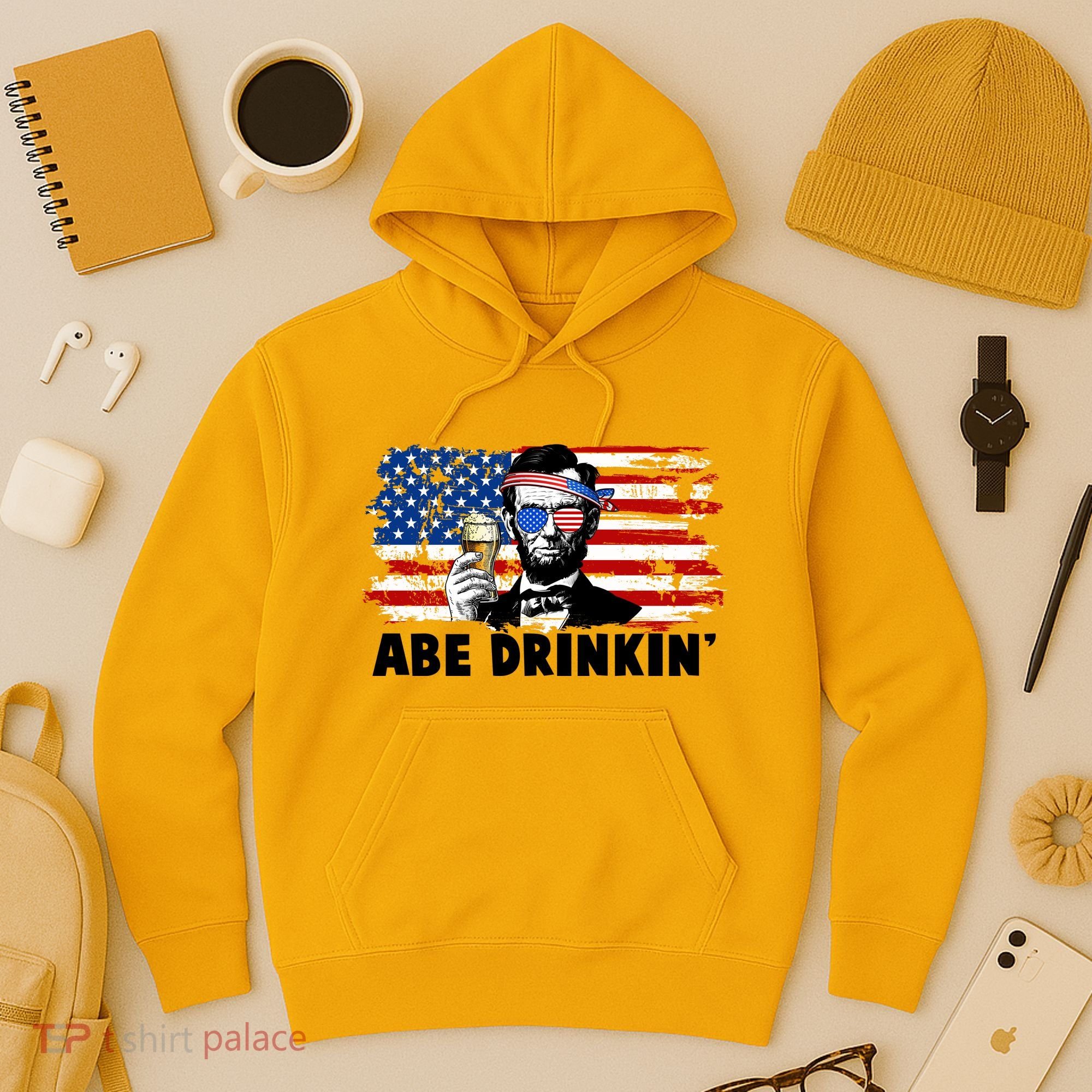Funny Abe Drinkin USA American Flag Hoodie