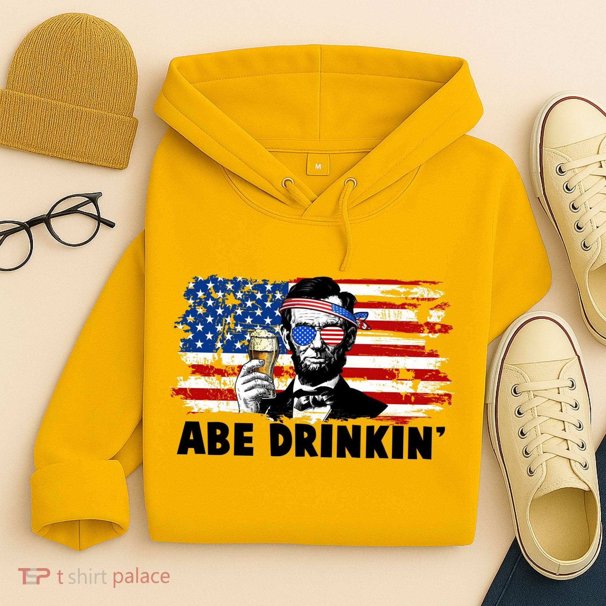 Funny Abe Drinkin USA American Flag Hoodie