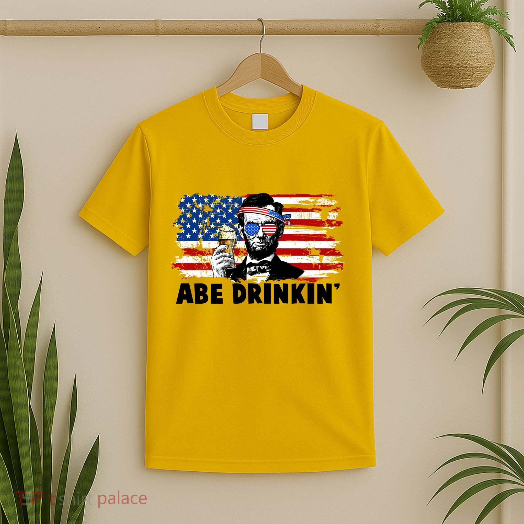 Funny Abe Drinkin USA American Flag T-Shirt