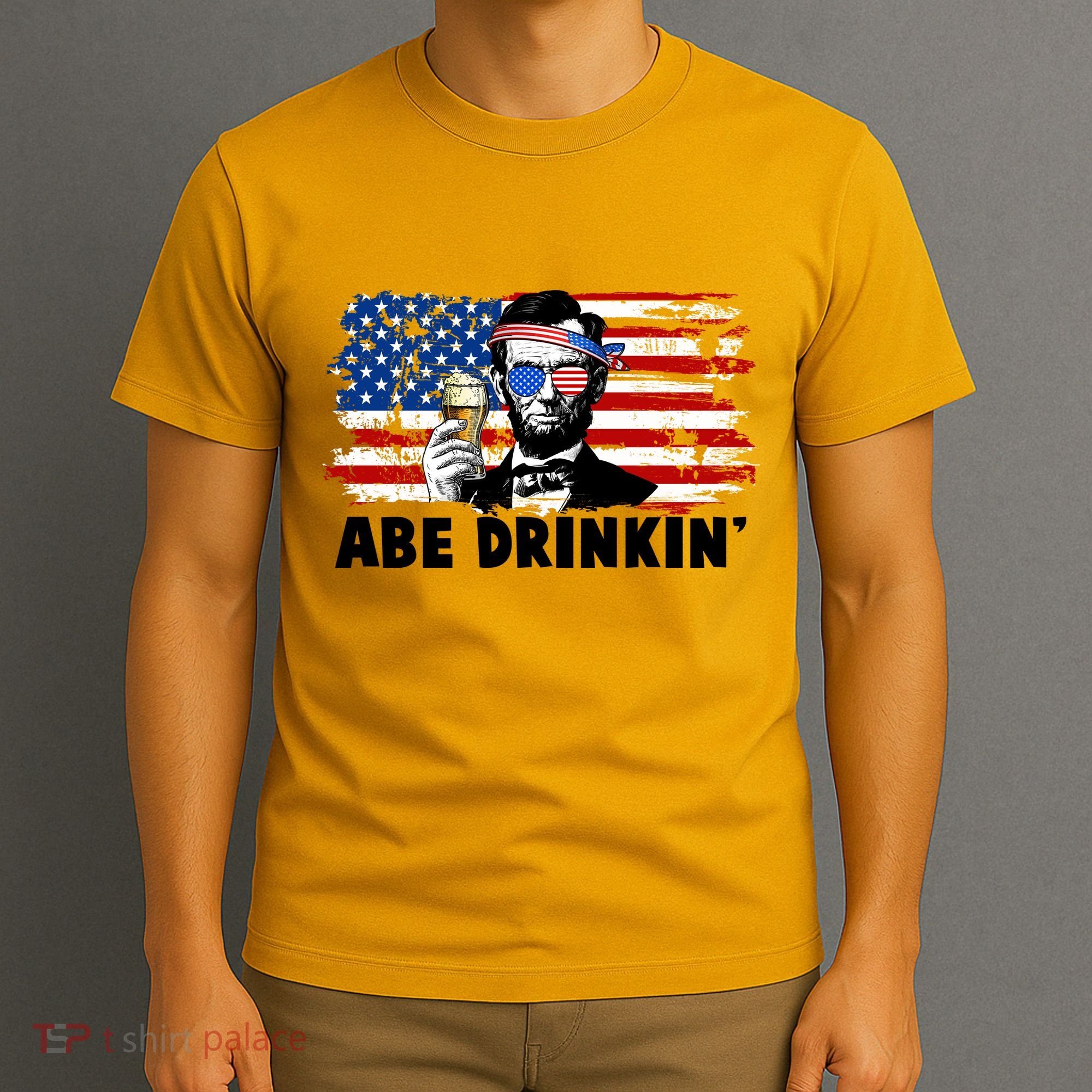 Funny Abe Drinkin USA American Flag T-Shirt