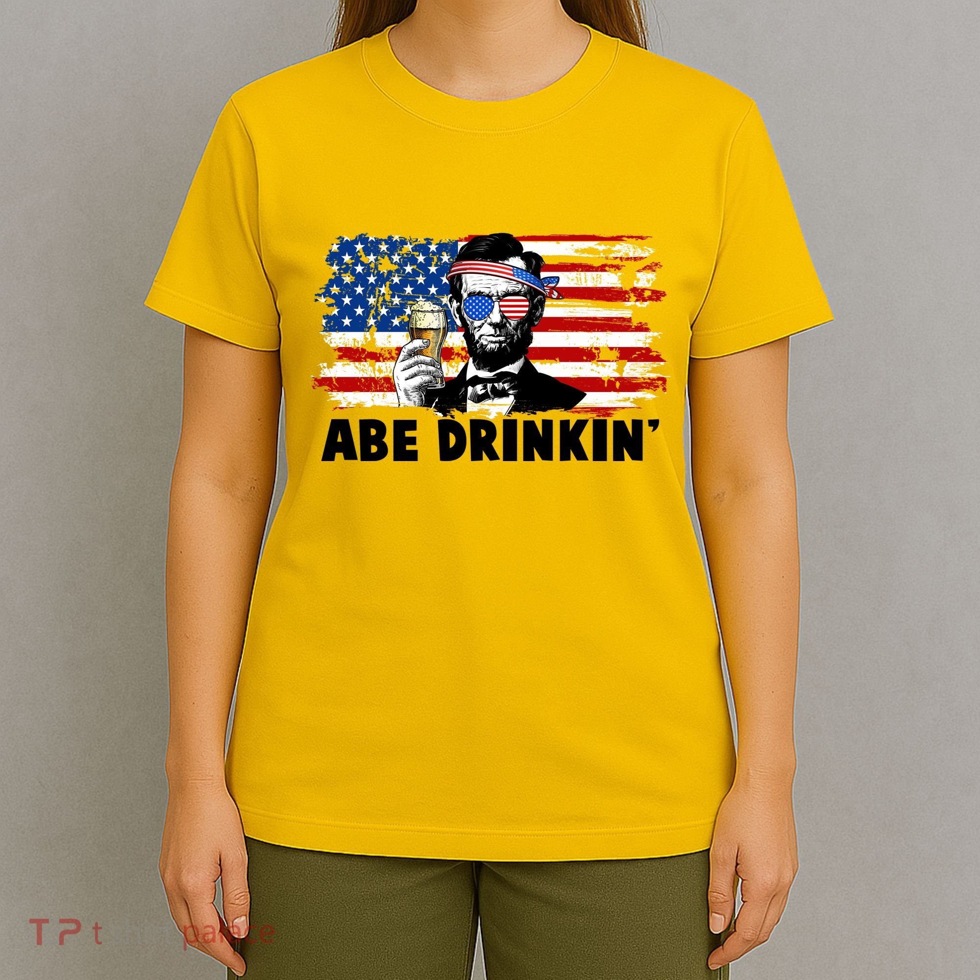 Funny Abe Drinkin USA American Flag T-Shirt
