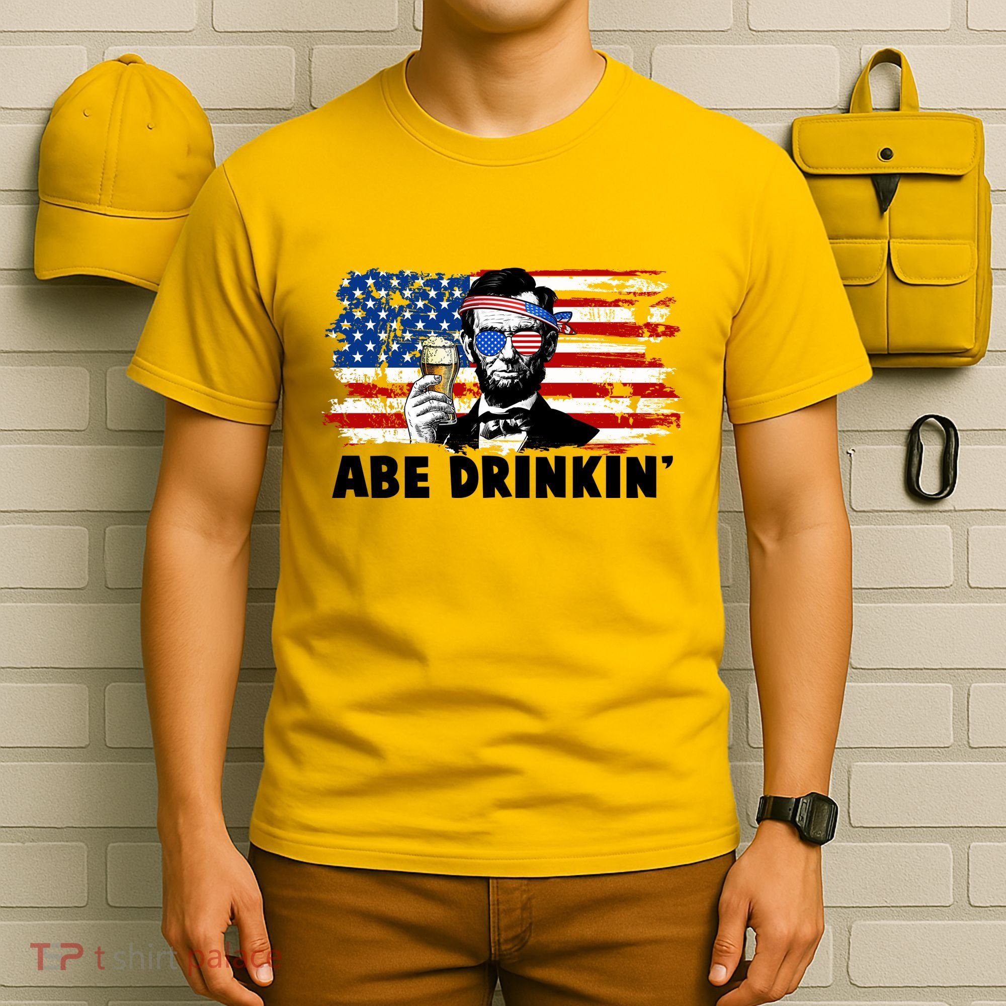 Funny Abe Drinkin USA American Flag T-Shirt