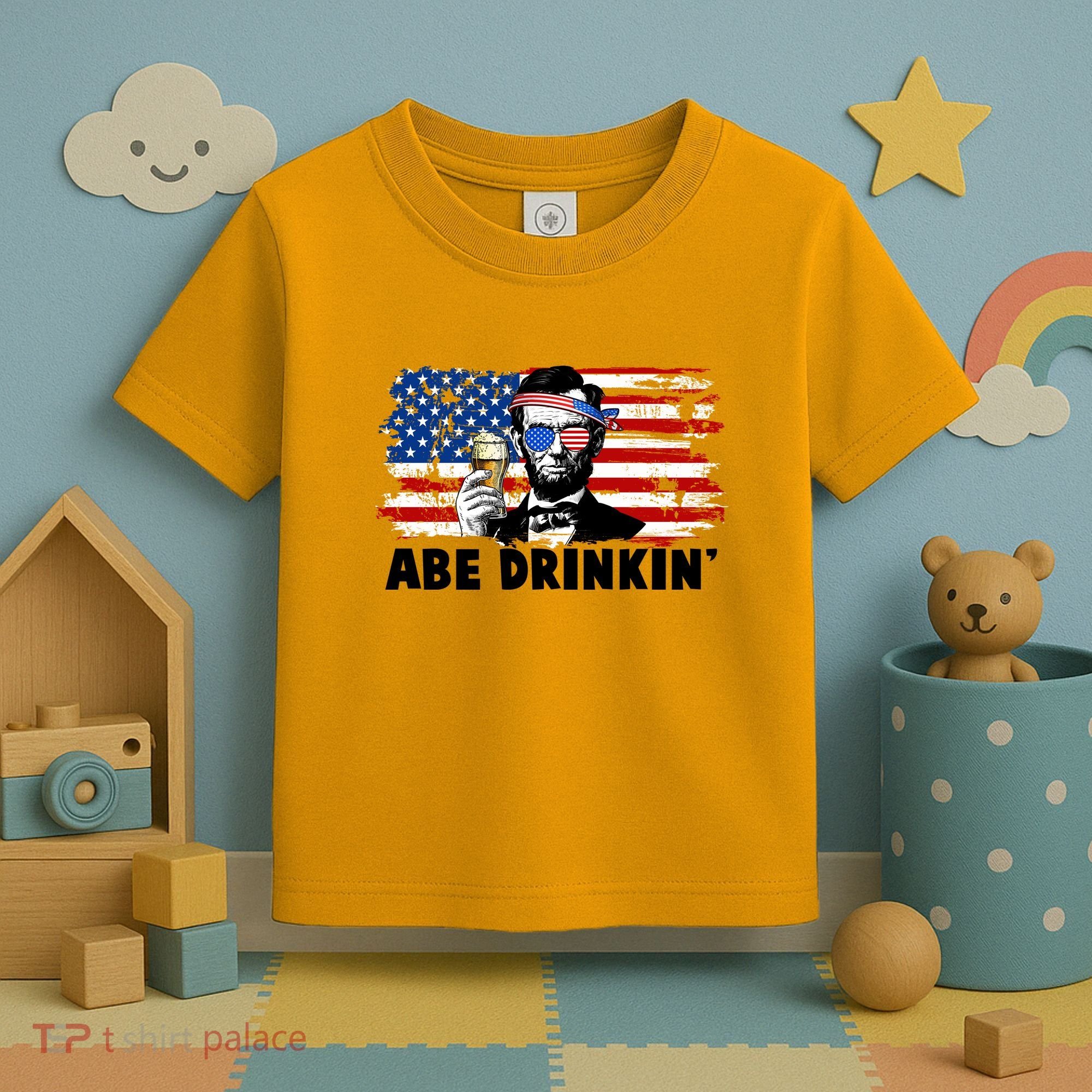 Funny Abe Drinkin USA American Flag Toddler T-Shirt
