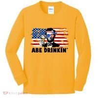 Funny Abe Drinkin USA American Flag Kids Long Sleeve Shirt thumb 0