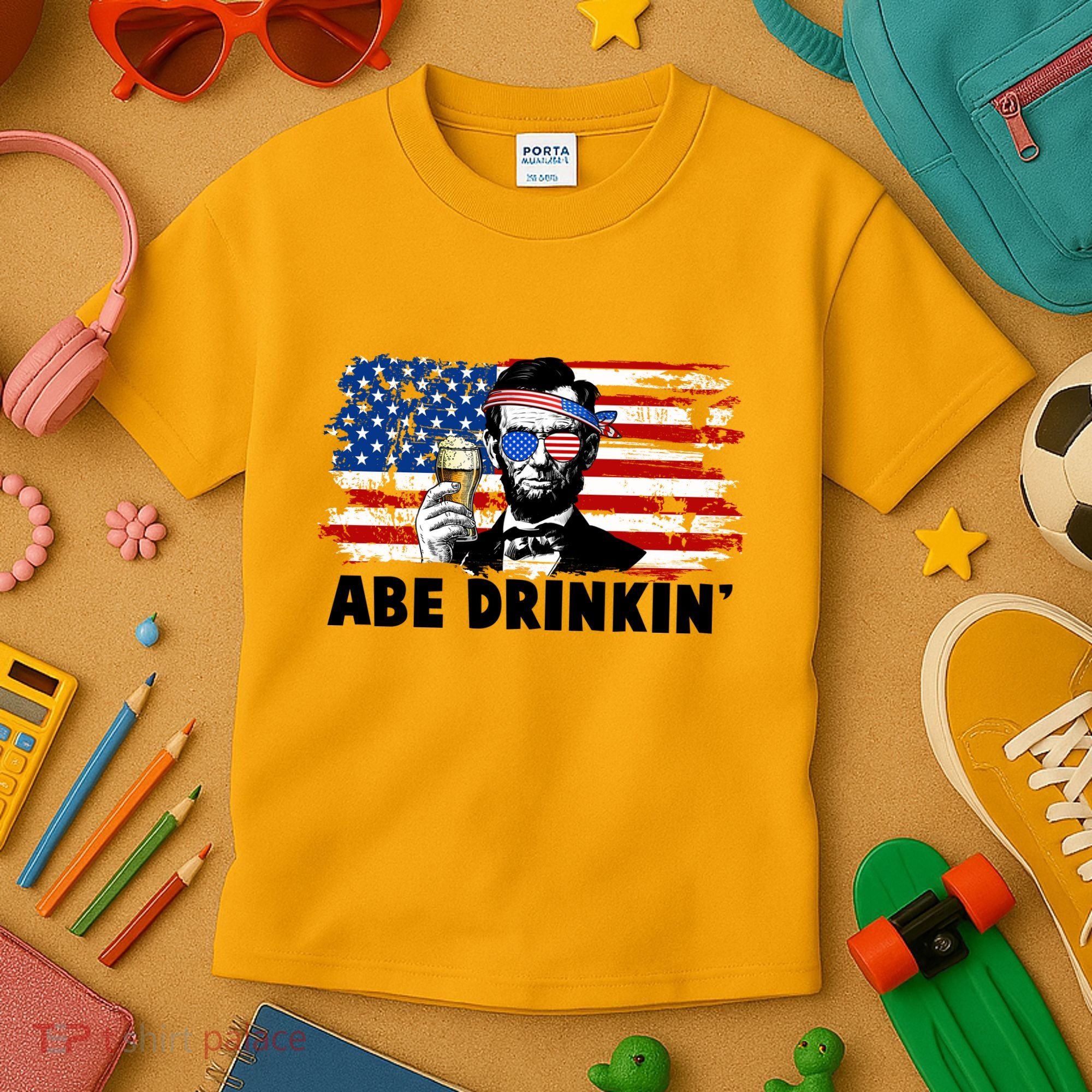 Funny Abe Drinkin USA American Flag Kids T-Shirt