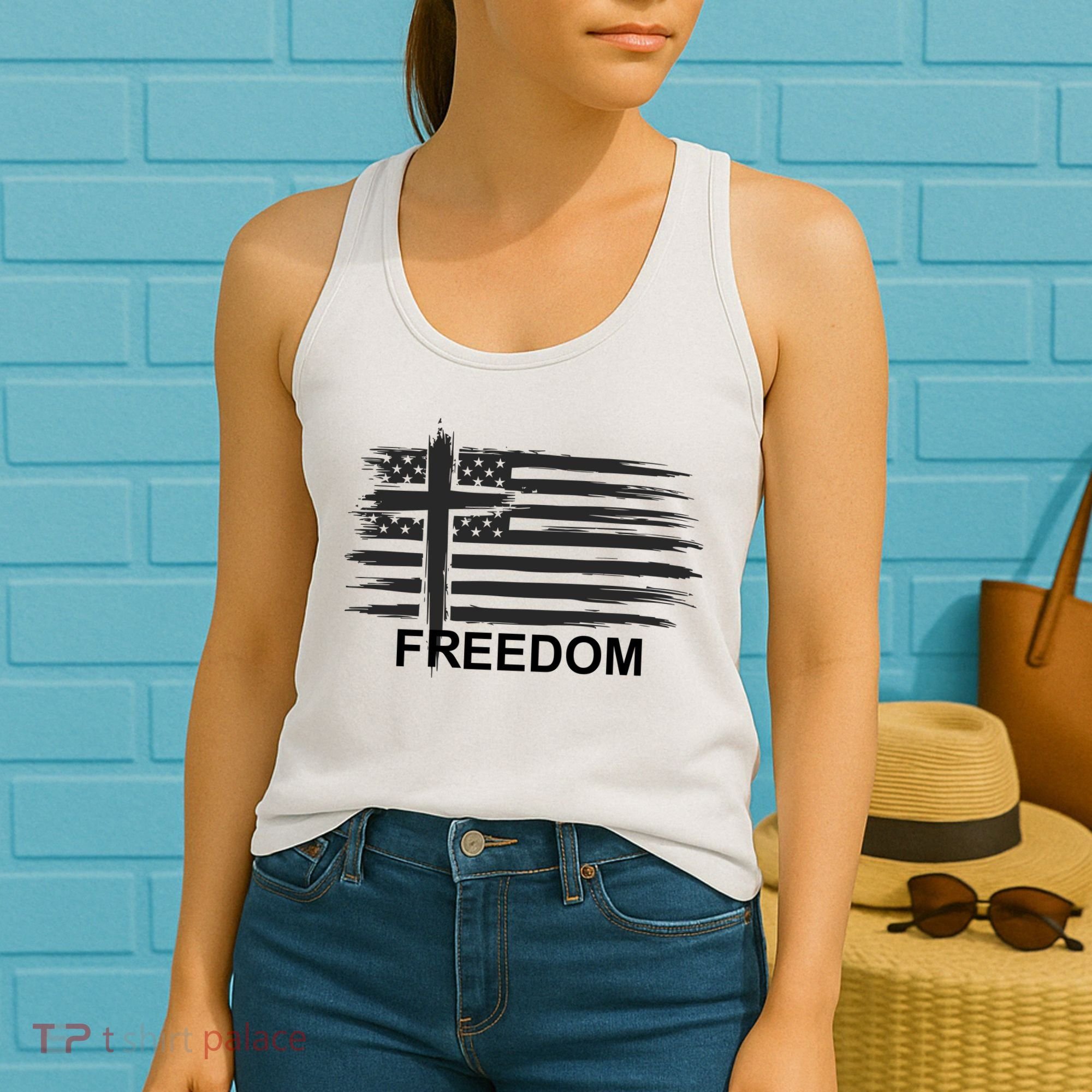 Freedom American Flag Cross Christian Women's Tank Top