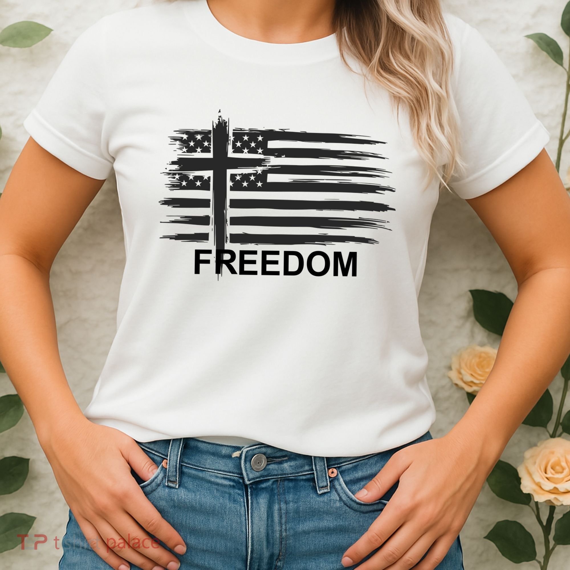 Freedom American Flag Cross Christian Women's T-Shirt
