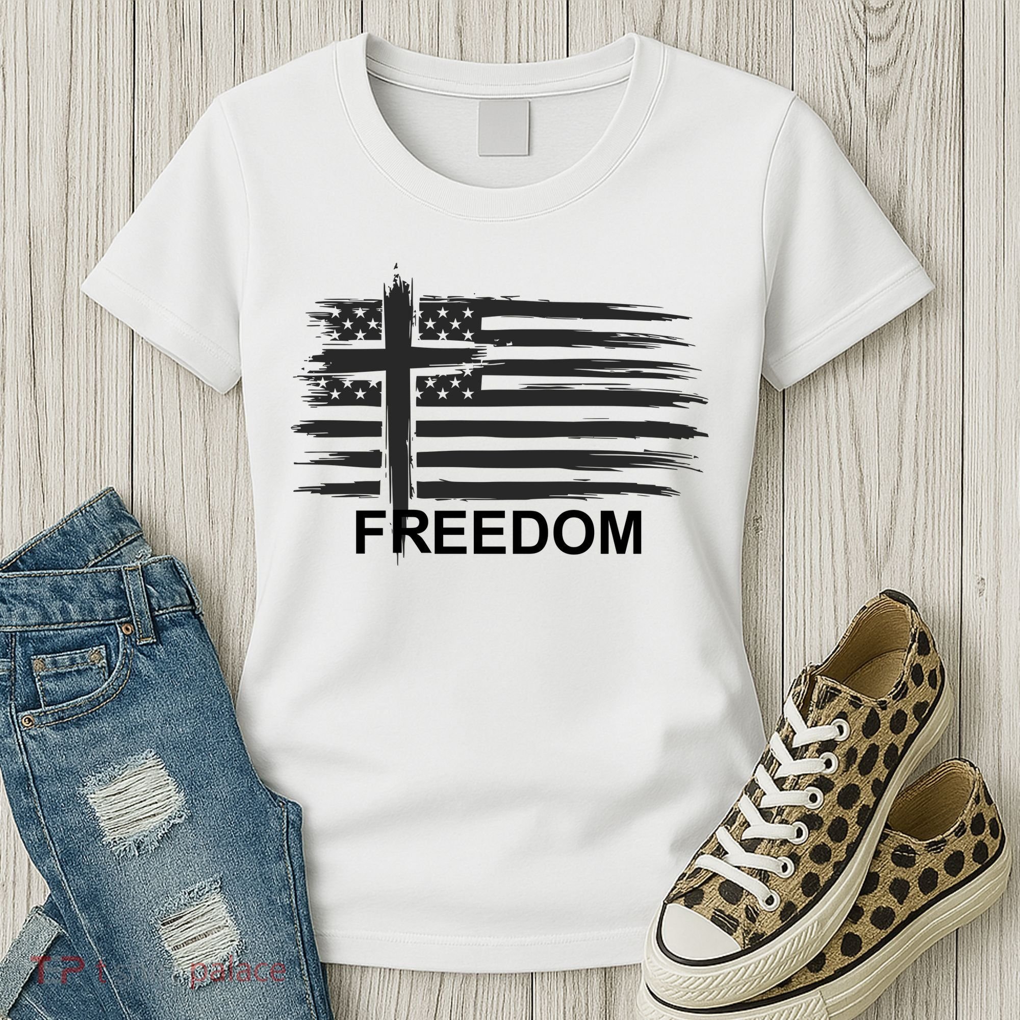 Freedom American Flag Cross Christian Women's T-Shirt