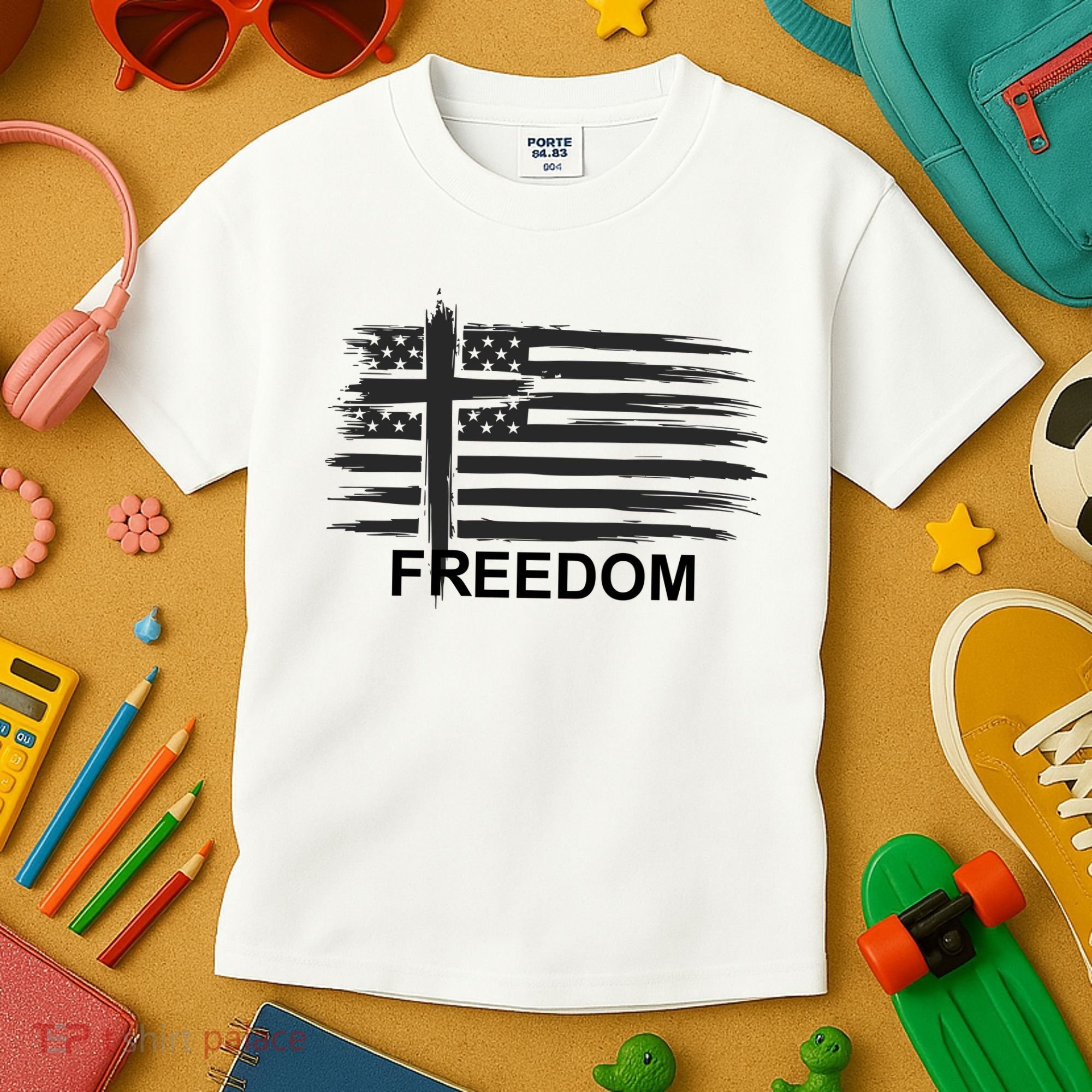 Freedom American Flag Cross Christian Kids T-Shirt