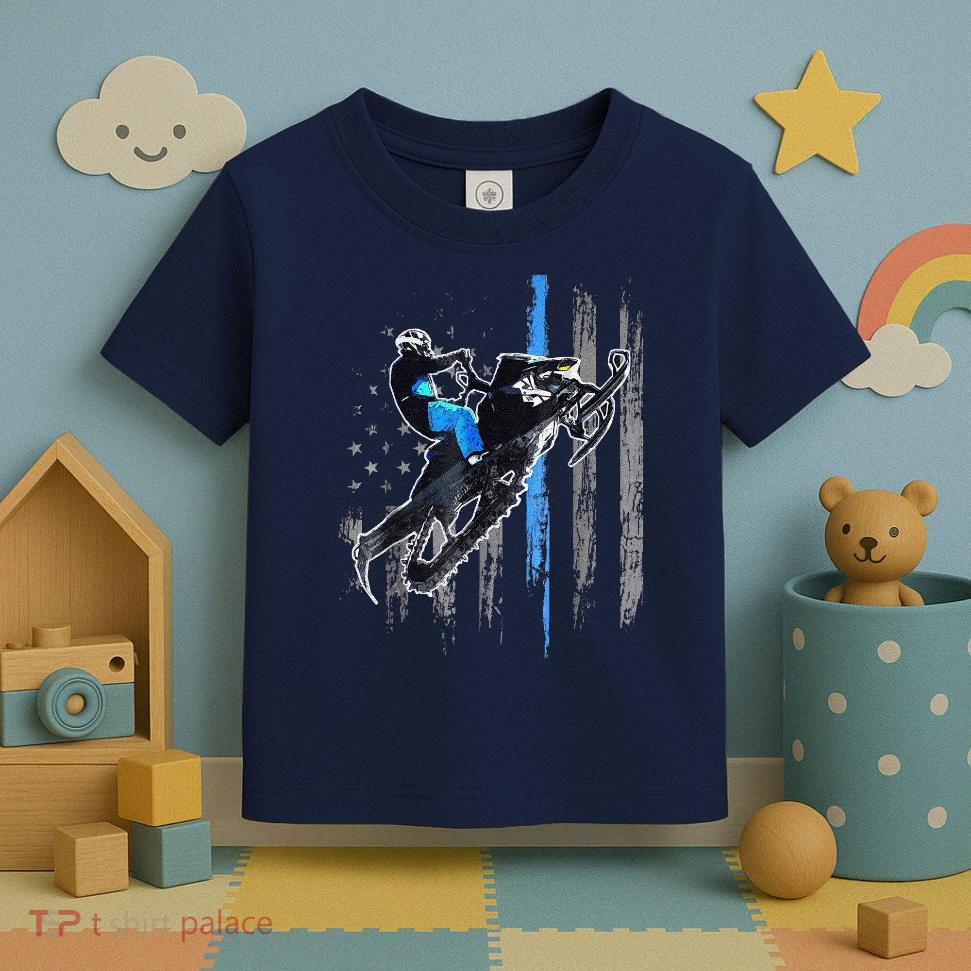 Funny American Flag Snowmobile Snowmobile Riding Gift Toddler T-Shirt