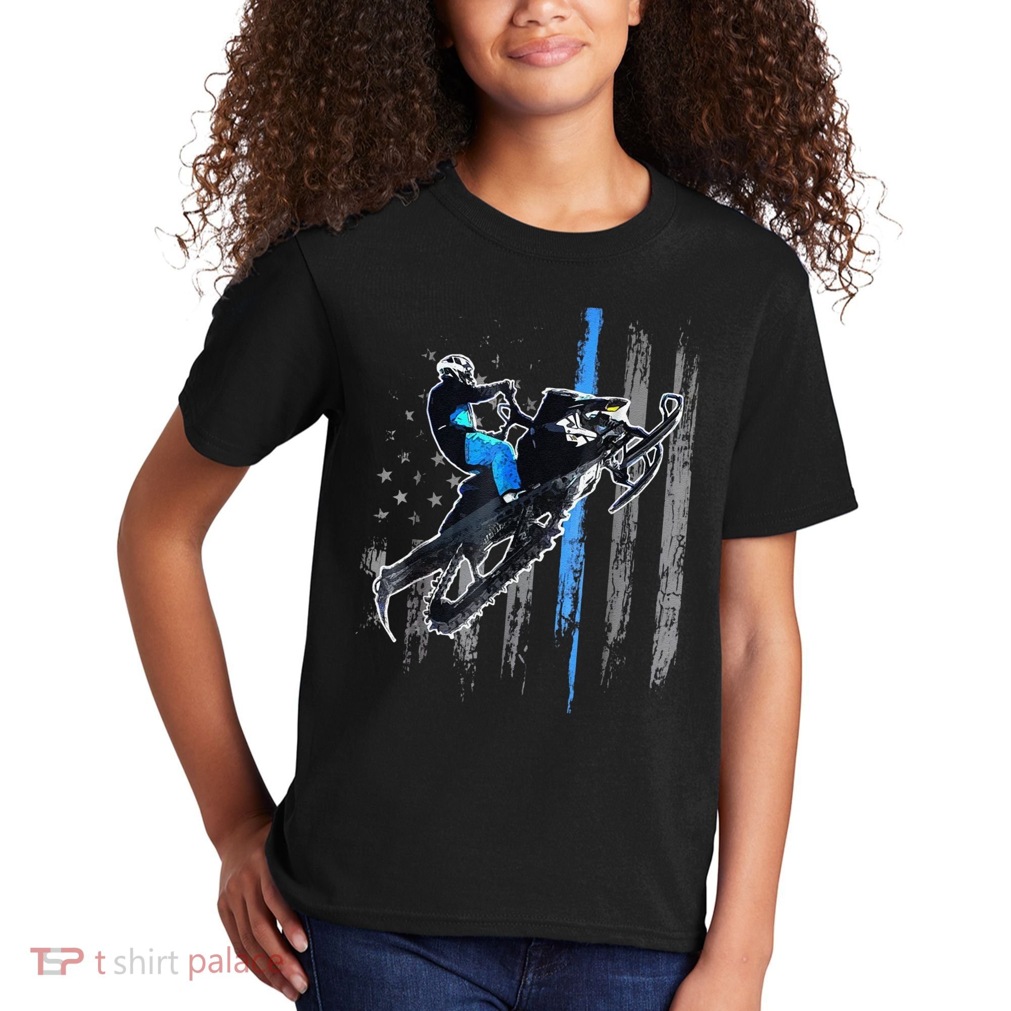 Funny American Flag Snowmobile Snowmobile Riding Gift Kids T-Shirt