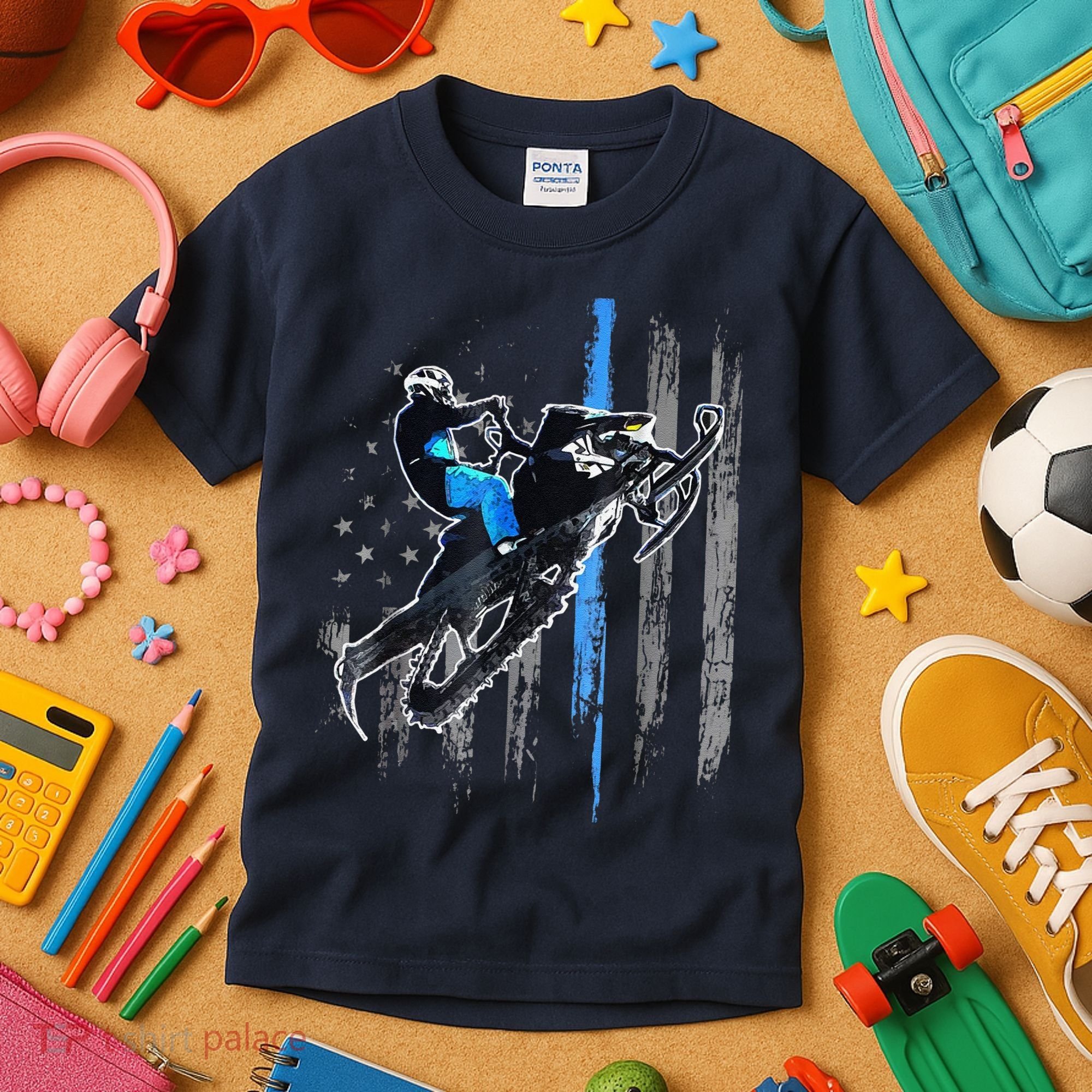 Funny American Flag Snowmobile Snowmobile Riding Gift Kids T-Shirt