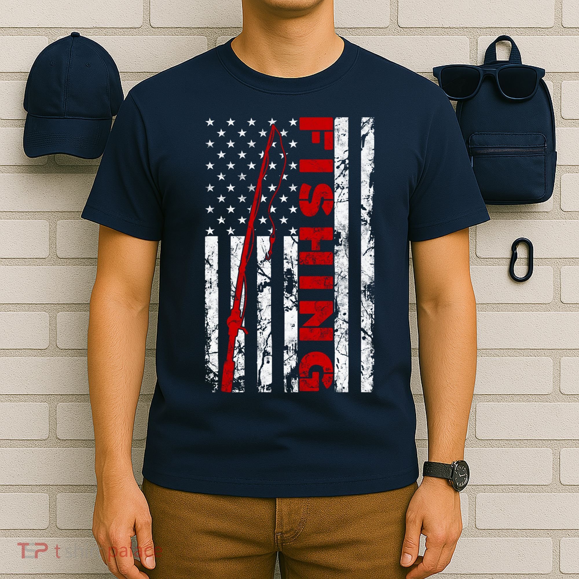 Fishing American Flag Rod USA Patriotic Fisherman Long Sleeve T-Shirt
