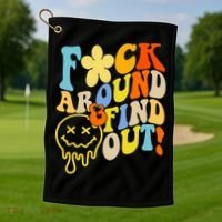 Fuck Around Find Out Smile Retro Groovy Funny Golf Towel thumb 1