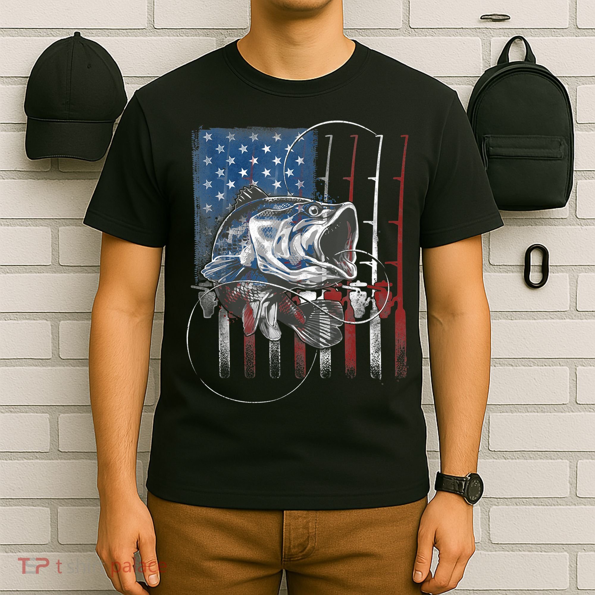Fishing American Flag Vintage, USA Bass Fisherman T-Shirt