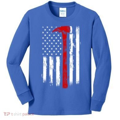 Fire Ax Fire Departt Firefighter American Axe Flag Gift Kids Long Sleeve Shirt