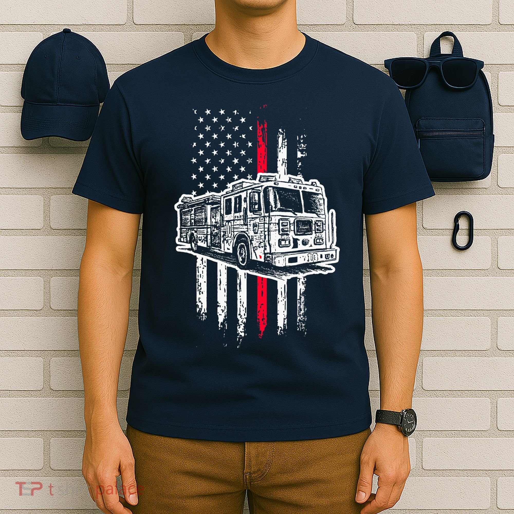 Fireman American Flag Firefighter Fire Truck T-Shirt