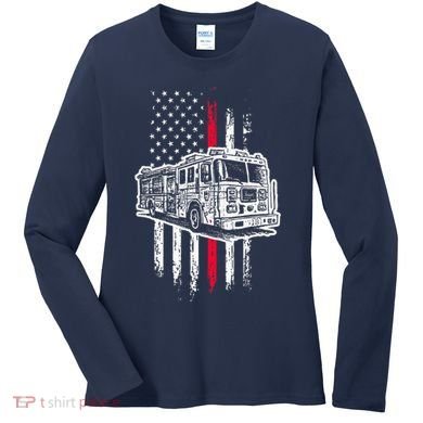 Fireman American Flag Firefighter Fire Truck Women's Long Sleeve Shirt