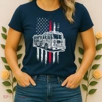 Fireman American Flag Firefighter Fire Truck Women's T-Shirt thumb 2