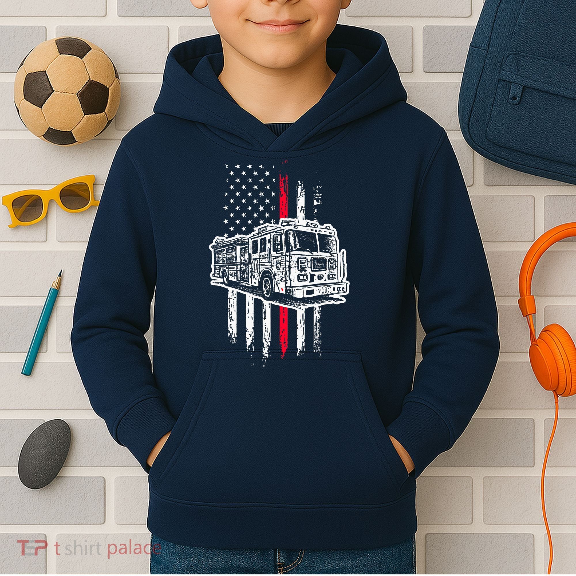 Fireman American Flag Firefighter Fire Truck Kids Hoodie