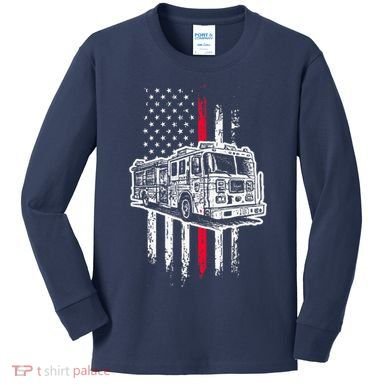 Fireman American Flag Firefighter Fire Truck Kids Long Sleeve Shirt