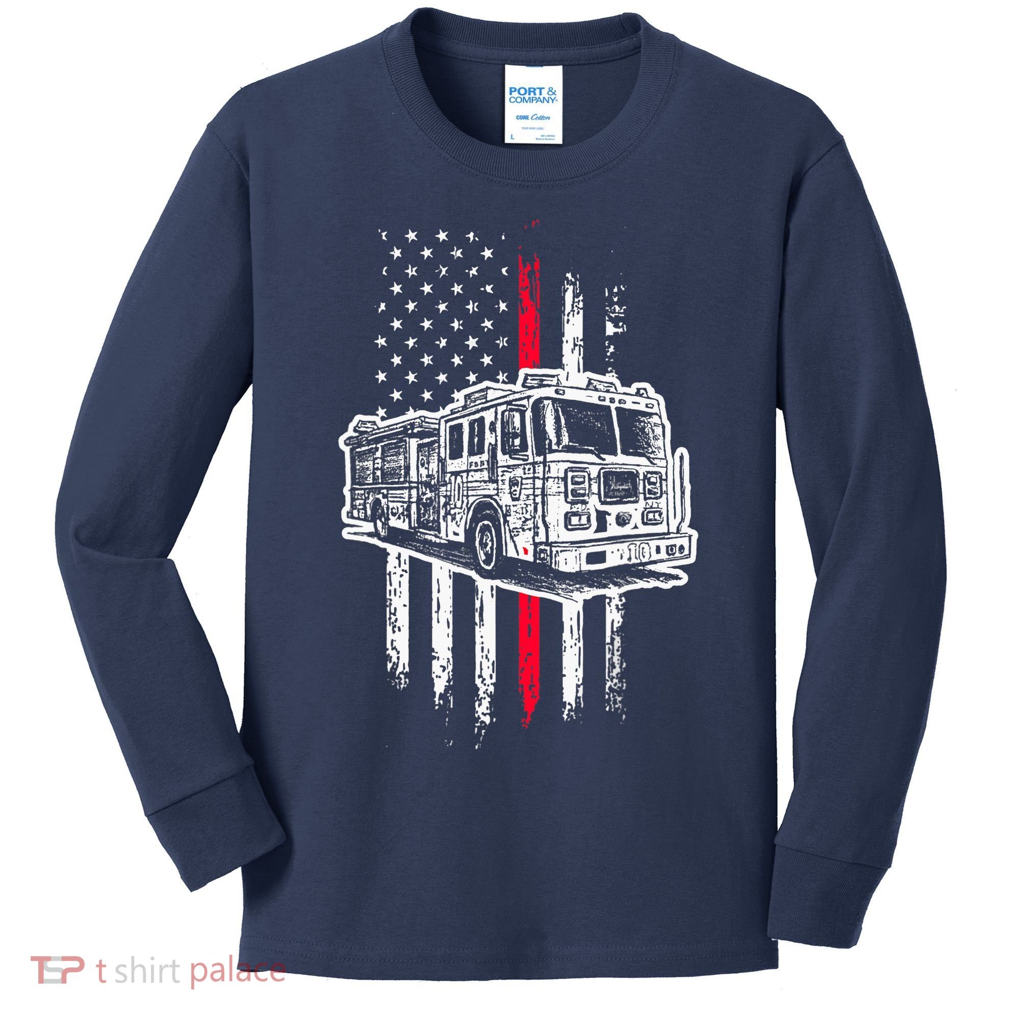Fireman American Flag Firefighter Fire Truck Kids Long Sleeve Shirt