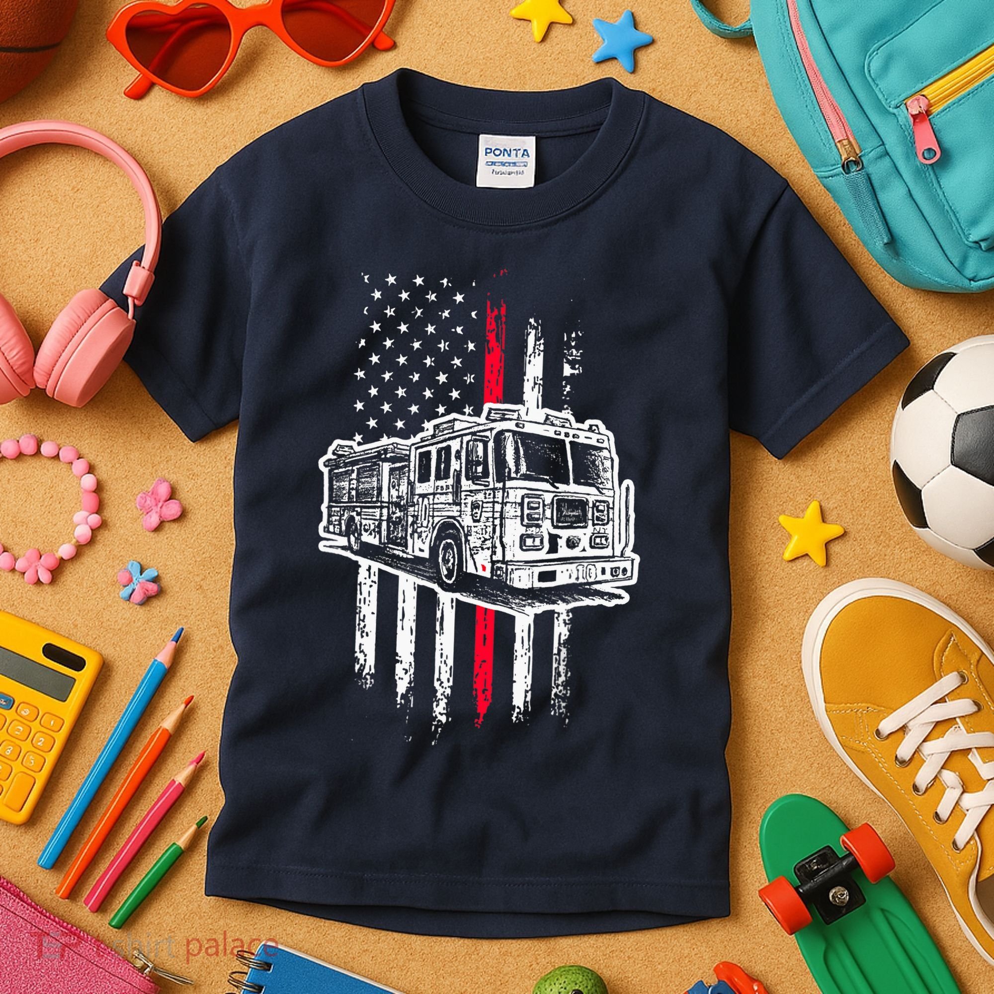Fireman American Flag Firefighter Fire Truck Kids T-Shirt