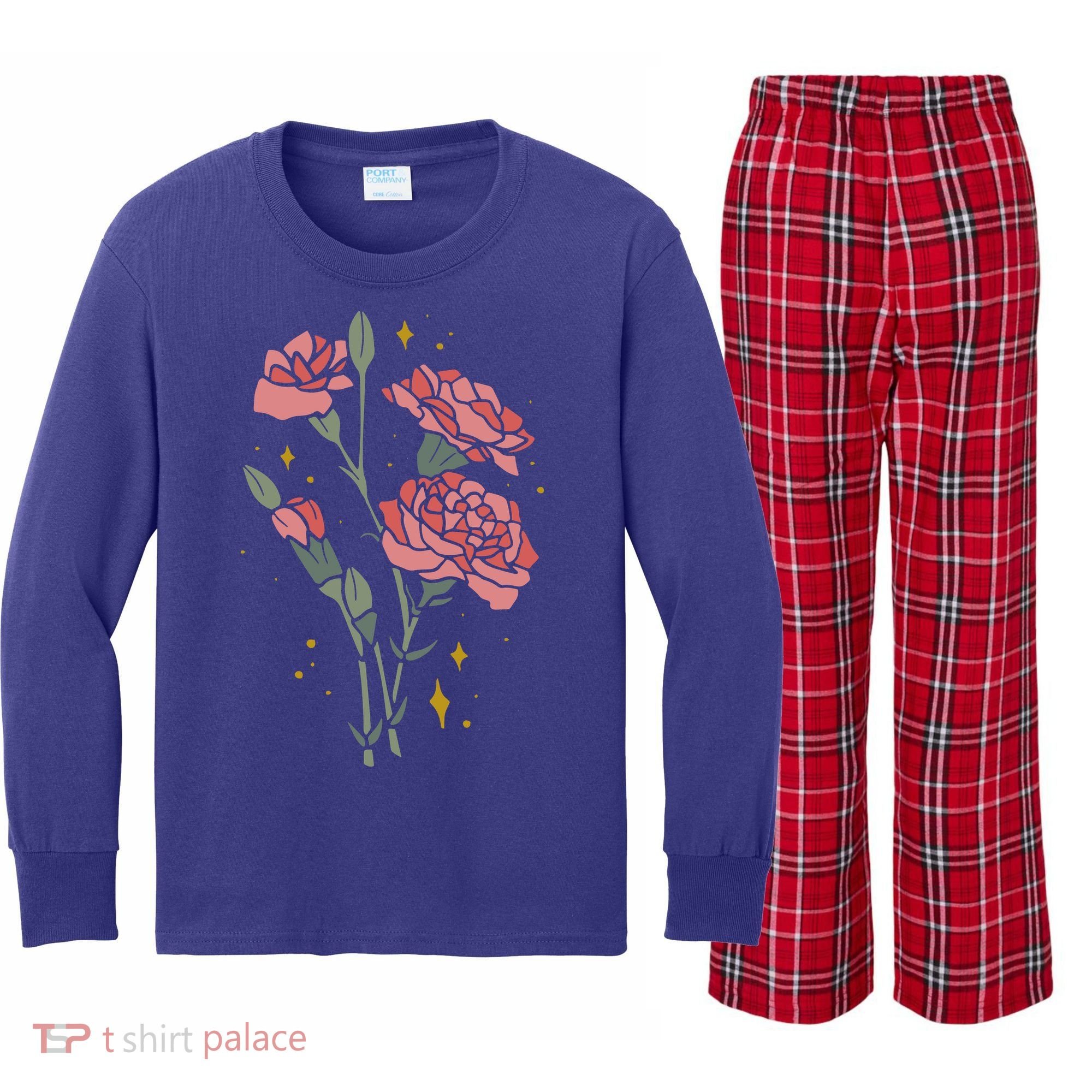 Flower Art Kids Long Sleeve Plaid Pajama Set