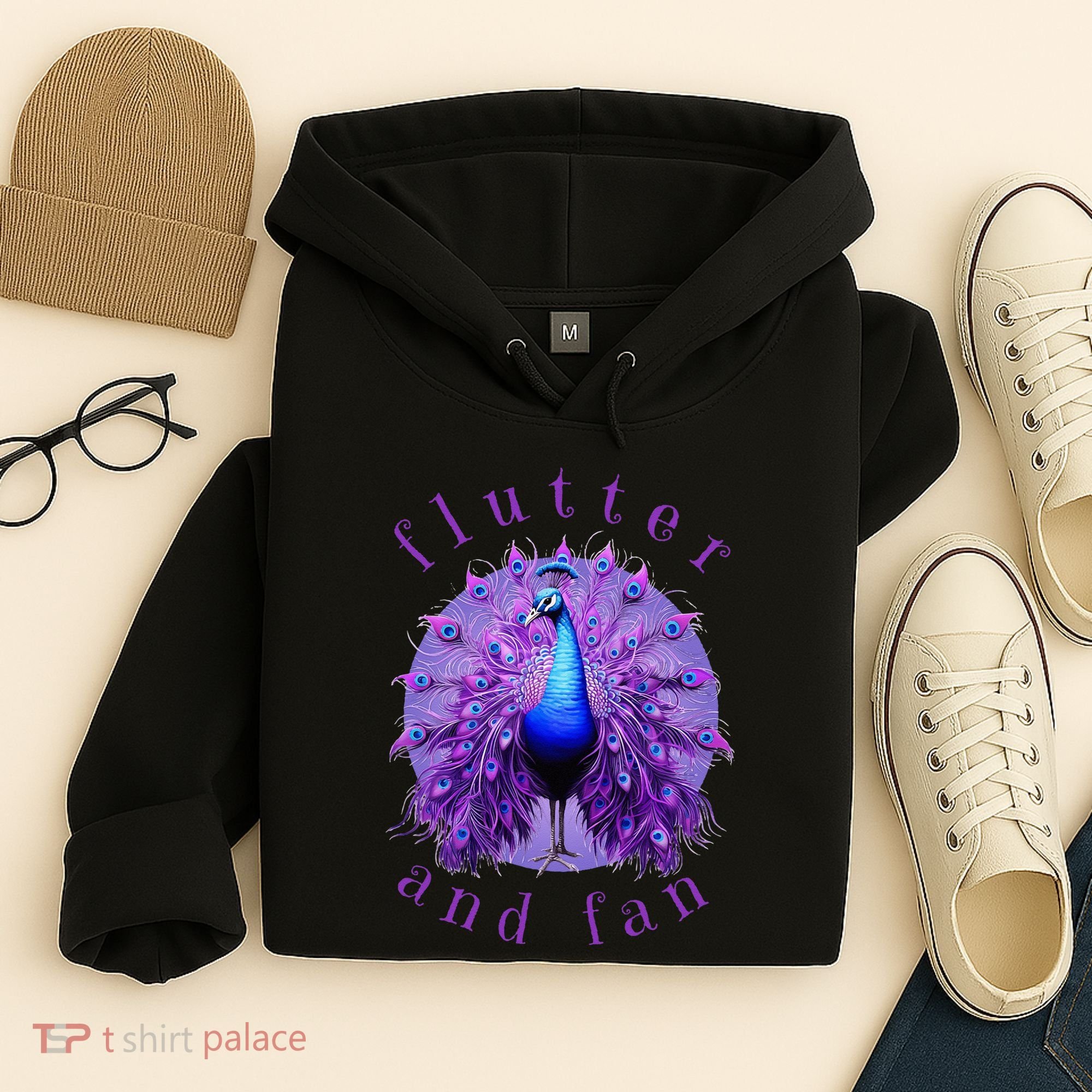 Flutter and Fan apparel peacock on glowing moon Hoodie